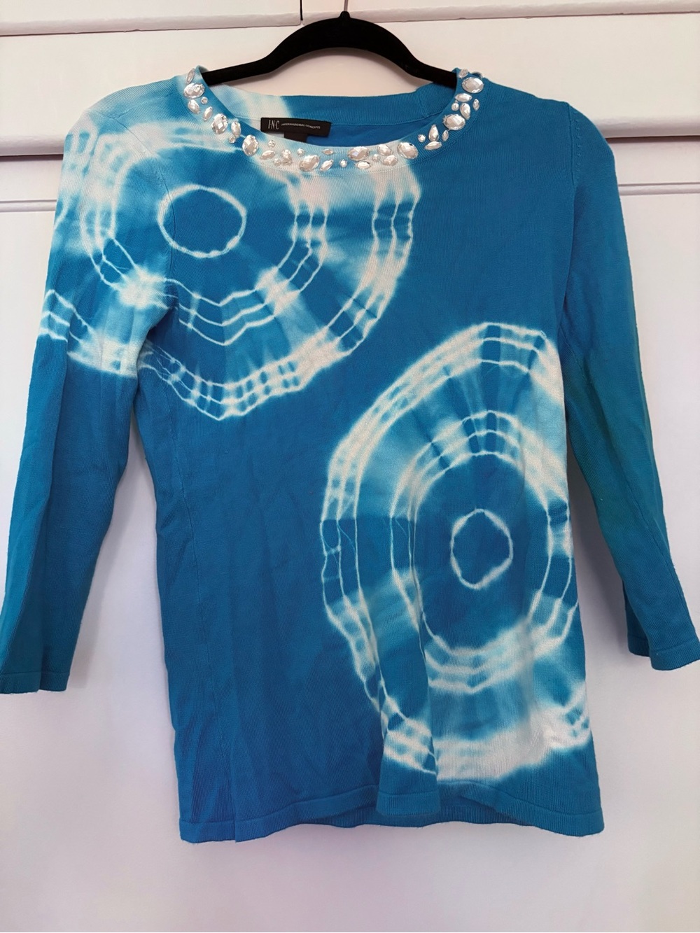 INC Blue Tie-Dye Jewel Neck Lightweight Top